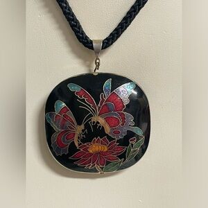 Vintage cloisonné butterflies lotus flower theme reversible pendant necklace